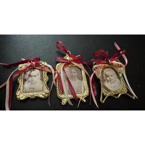 Gold-Tone Miniature Picture Frame Ornaments With Victorian Baby Photos & Ribbons